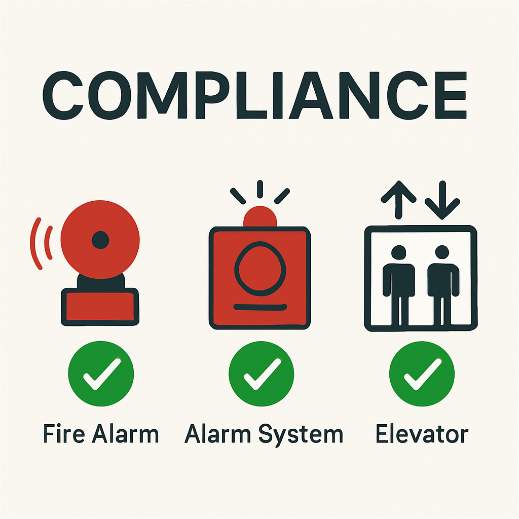 Fire alarm and elevator with green checkmark