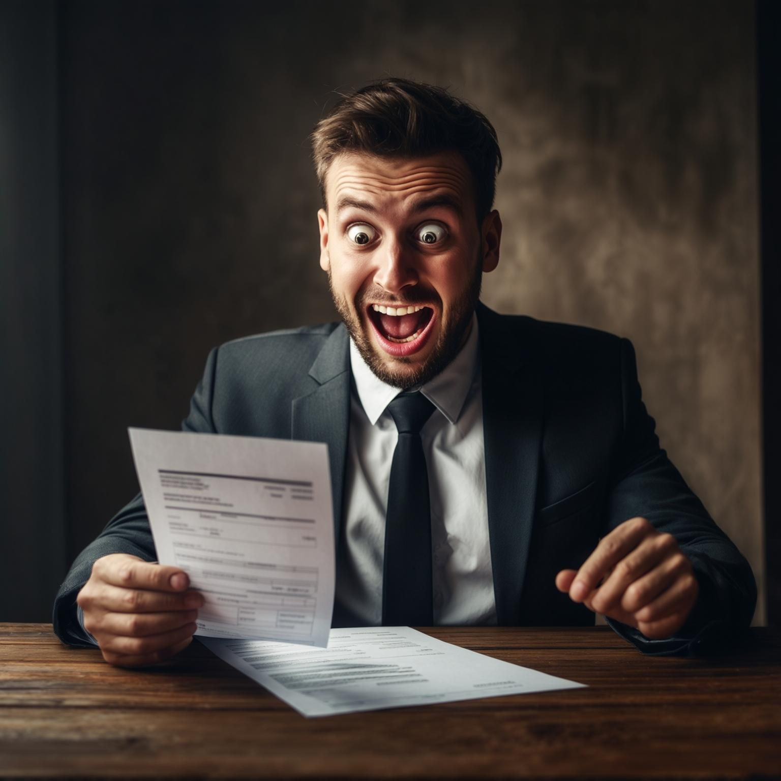 Business owner shocked by high phone bill on left, smiling at reduced bill on right