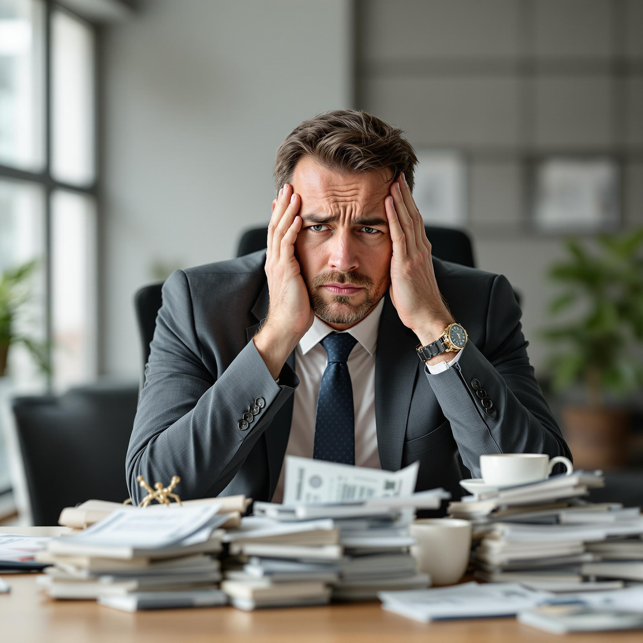 Stack of confusing bills next to worried business owner